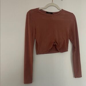 Pink-Rust Faux-Suede Twist-Front Long Sleeve Crop Top